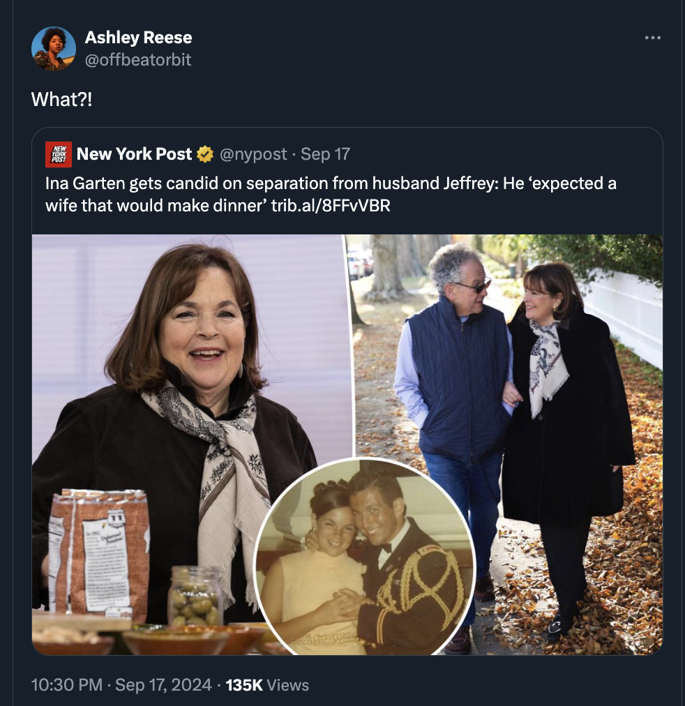 ina garten young - Ashley Reese What?! New York Post Sep 17 Ina Garten gets candid on separation from husband Jeffrey He 'expected a wife that would make dinner' trib.al8FFVVBR Views